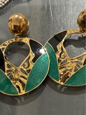 designer Edgar Berebi signed Gold, Black and Teal Round Statement Earrings -